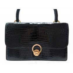 VINTAGE SAC A MAIN HERMES RING CUIR CROCODILE NOIR 