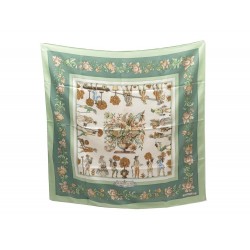 FOULARD HERMES LES JARDINIERS DU ROY CARRE 90 SOIE VERTE GREEN SILK SCARF 370