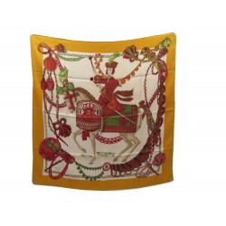 FOULARD HERMES LE TIMBALIER FRANCOISE HERON CARRE 90 SOIE ORANGE SILK SCARF 370€