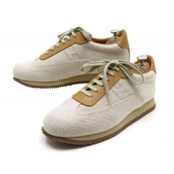 NEUF CHAUSSURES HERMES BASKETS QUICK H 43 TOILE BEIGE CUIR MARRON SNEAKERS 650€