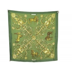 VINTAGE FOULARD HERMES PARC ROYAL 1ERE EDITION 1974 CARRE 90 EN SOIE VERT SCARF