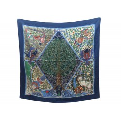 NEUF FOULARD HERMES AXIS MUNDI CHRISTINE HENRY CARRE 90 EN SOIE BLEU SCARF 370