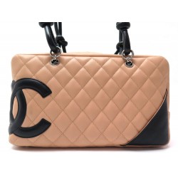 NEUF SAC A MAIN CHANEL CAMBON LOGO CC NOIR EN CUIR MATELASSE BEIGE HANDBAG 2800€