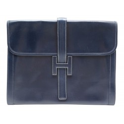 VINTAGE POCHETTE A MAIN HERMES JIGE GM EN CUIR BOX BLEU NAVY SAC CLUTCH 3100€