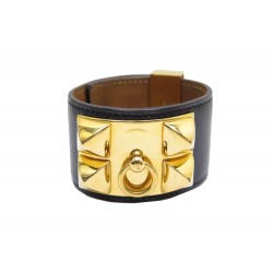 BRACELET MANCHETTE HERMES COLLIER DE CHIEN MEDOR EN CUIR NOIR METAL DORE 975