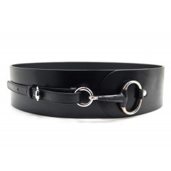 CEINTURE LARGE GUCCI MORSE ARGENTE T90 EN CUIR NOIR BLACK LEATHER BELT & SILVER