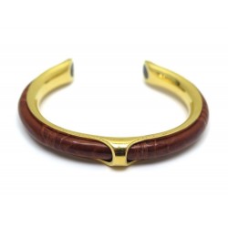 VINTAGE BRACELET HERMES JONC T 16 EN PLAQUE OR CUIR DE CROCODILE MARRON BANGLE