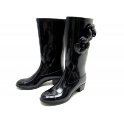 CHAUSSURES CHANEL 37 BOTTES DE PLUIE CAMELIA CAOUTCHOUC NOIR BOOTS SHOES 