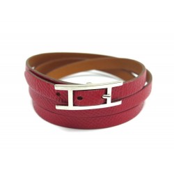 BRACELET HERMES HAPI TAILLE S 3 TRIPLE TOUR EN CUIR EPSOM ROUGE & ARGENTE 295€