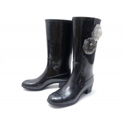 CHAUSSURES CHANEL CAMELIA 38 BOTTES DE PUIE A TALONS CAOUTCHOUC NOIR BOOTS 1310€