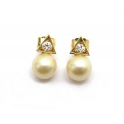 BOUCLES D'OREILLES EN OR JAUNE 18K 2.3GR PERLE & DIAMANTS 0.12CT PEARLS EARRINGS