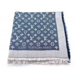 CHALE LOUIS VUITTON MONOGRAM DENIM M71376 EN SOIE ET LAINE BLEU SILK SHAWL 400€