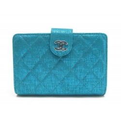 NEUF PORTEFEUILLE CHANEL EN CUIR MATELASSE BLEU PAILLETTE LOGO CC WALLET 795€