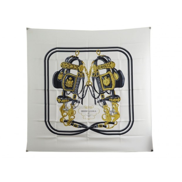 NEUF FOULARD HERMES BRIDES DE GALA CARRE 90 EN SOIE BLANC WHITE SILK SCARF 370