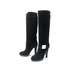 NEUF CHAUSSURES HERMES BOTTES TENTATION BOUCLES 40.5 EN VELOURS NOIR BOOTS 1100€