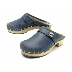 NEUF CHAUSSURES CHANEL SABOTS EN CUIR VIEILLI BLEU T38 BLUE LEATHER CLOG SHOES