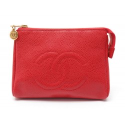 NEUF TROUSSE CHANEL CUIR CAVIAR ROUGE LOGO CC LEATHER PURSE RED MAKE UP KIT 570