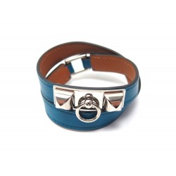 NEUF BRACELET HERMES RIVALE DOUBLE TOUR CUIR SWIFT BLEU IZMIR 