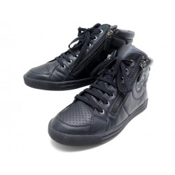 CHAUSSURES CHANEL G29689 BASKETS ZIPEES LOGO CC 38.5 EN CUIR NOIR SNEAKERS 800€