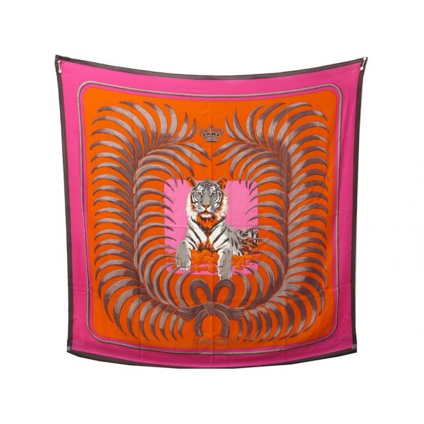 RARE CHALE HERMES TIGRE ROYAL EN CACHEMIRE SOIE ORANGE BOITE CASHMERE SILK SHAWL