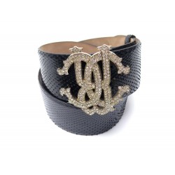 NEUF CEINTURE ROBERTO CAVALLI 80 EN CUIR DE PYTHON BOUCLE LOGO NOIR BELT 590€