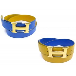 CEINTURE HERMES LIEN REVERSIBLE EN CUIR EPSOM JAUNE BLEU BOUCLE H DORE BELT 635€