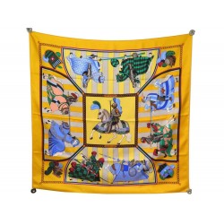 NEUF FOULARD HERMES CHOCS EN PLUMES VAUZELLES SOIE JAUNE YELLOW SILK SCARF 370€