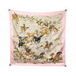 FOULARD HERMES LES MUSTANGS PAR ROBERT DALLET SOIE ROSE SILK SCARF + BOITE 370€