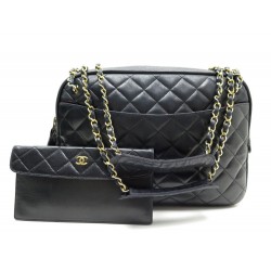  VINTAGE SAC CHANEL CAMERA CUIR NOIR + PORTEFEUILLE 