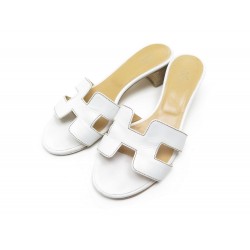 SANDALES HERMES ORAN MULES A TALONS T36.5 EN CUIR BLANC WHITE LEATHER SHOES 550