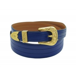 VINTAGE CEINTURE HERMES BOUCLE DORE STYLE WESTERN EN CUIR BLEU T80 LEATHER BELT