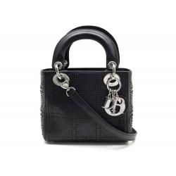 SAC A MAIN CHRISTIAN DIOR LADY MINI CUIR NOIR & METAL ARGENT BANDOULIERE 3300