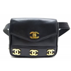 VINTAGE SAC A MAIN CHANEL TIMELESS LOGO CC CEINTURE BANANE EN CUIR NOIR BELT BAG