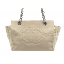 SAC A MAIN CHANEL CABAS LOGO CC EN CUIR MATELASSE & TOILE BEIGE CANVAS HAND BAG