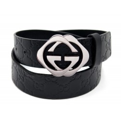 CEINTURE GUCCI BOUCLE DOUBLE G CARRE 182320 T85 CUIR NOIR METAL ARGENTE 210