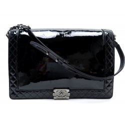 SAC A MAIN CHANEL BOY MAXI JUMBO CUIR VERNI NOIR RUTHENIUM BLACK HAND BAG 5800€