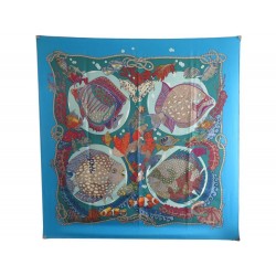 FOULARD HERMES GRANDS FONDS PAR ANNIE FAIVRE SOIE BLEU + BOITE SILK SCARF 370€