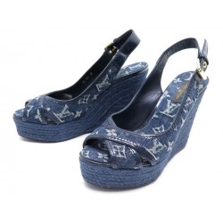 CHAUSSURES LOUIS VUITTON 37 ESPADRILLE SANDALES TALONS TOILE MONOGRAM BLEU 650€