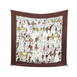 FOULARD HERMES PADDOCK PAR JEAN LOUIS CLERC EN SOIE MARRON BROWN SILK SCARF 370€