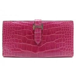 PORTEFEUILLE HERMES BEARN CUIR CROCODILE ROSE 