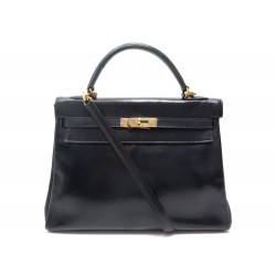 VINTAGE SAC A MAIN HERMES KELLY 32 BANDOULIERE CUIR BOX NOIR BLACK HANDBAG 7500€