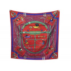 VINTAGE NEUF FOULARD HERMES LES VOITURES NOUVELLES 90 SOIE ROUGE RED SCARF 370