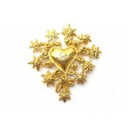 NEUF BROCHE CHRISTIAN LACROIX COEUR FLEURS NOEL 1993 EN METAL DORE HEART BROOCH