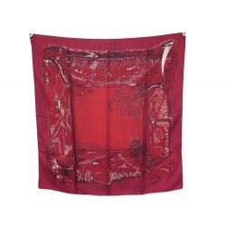 FOULARD HERMES JARDINS GOLF CARRE 90 EN SOIE ROUGE RED SILK SCARF 370