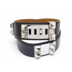 NEUF CEINTURE HERMES COLLIER DE CHIEN MEDOR T85 CUIR BOX NOIR ARGENT BELT 1780€