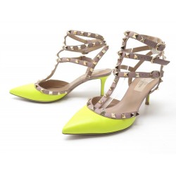 NEUF CHAUSSURES VALENTINO ROCKSTUD ESCARPINS 38 CUIR JAUNE FLUO PUMP SHOES 770