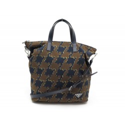 SAC A MAIN PRADA CABAS 33 CM NYLON IMPRIME MARRON & BLEU BANDOULIERE PURSE 1200€