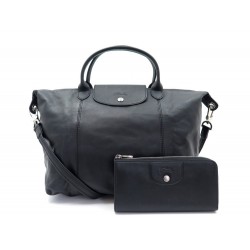 NEUF SAC A MAIN LONGCHAMP PLIAGE S BANDOULIERE CUIR NOIR + PORTEFEUILLE BAG 610€