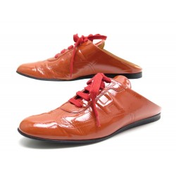 CHAUSSURES HERMES SANDALES MULES H 37 CUIR VERNI ORANGE SLIPPERS LEATHER 740€