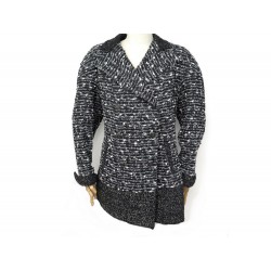 VESTE CHANEL P41804 48 L LONGUE EN TWEED SOIE ET LAINE NOIR MANTEAU JACKET 4200€